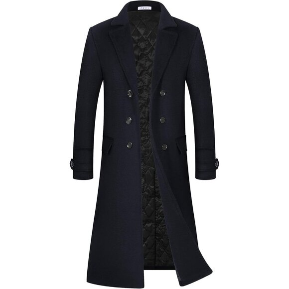 Men's Navy Luxury Full Length Trench Coat Long Wool Overcoat Winter Windbreaker - Picture 1 of 5